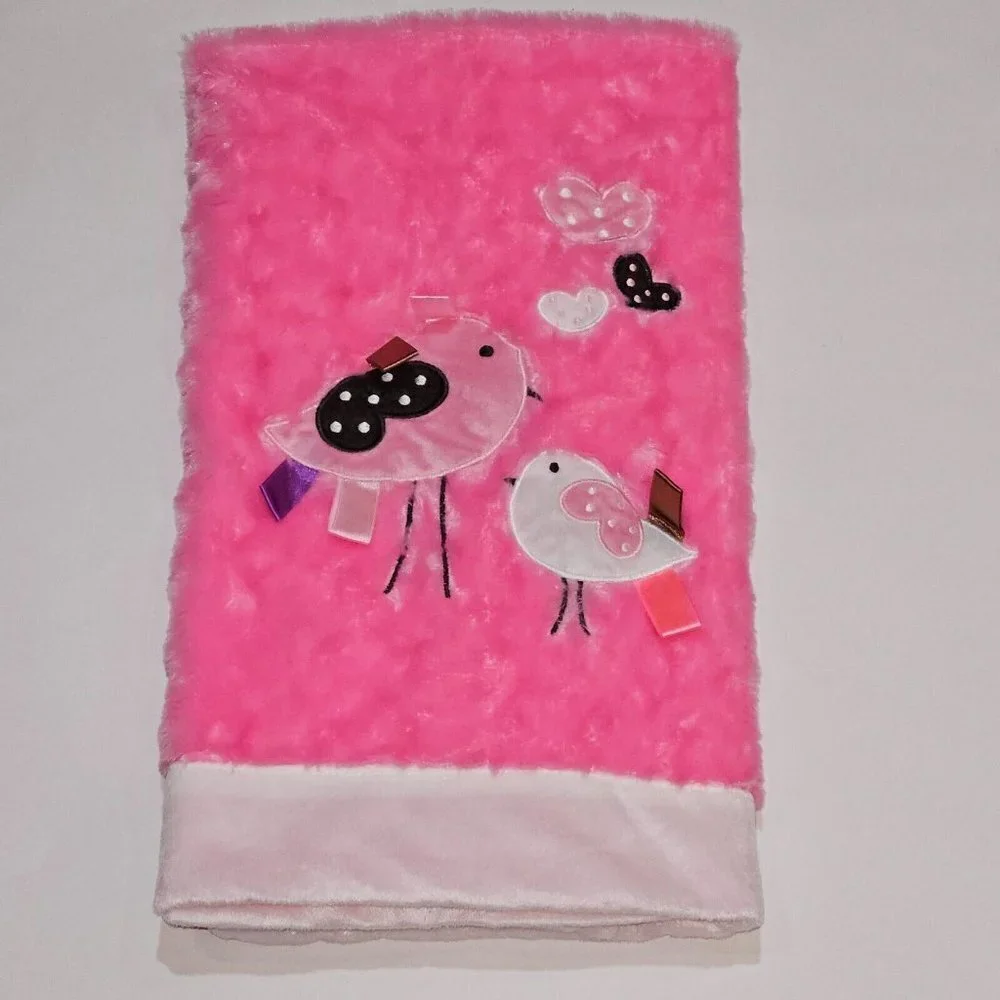 Pink Birds Hearts Tags Fleece Baby Blanket Lovey SOFT Manhattan Toy Co 118620